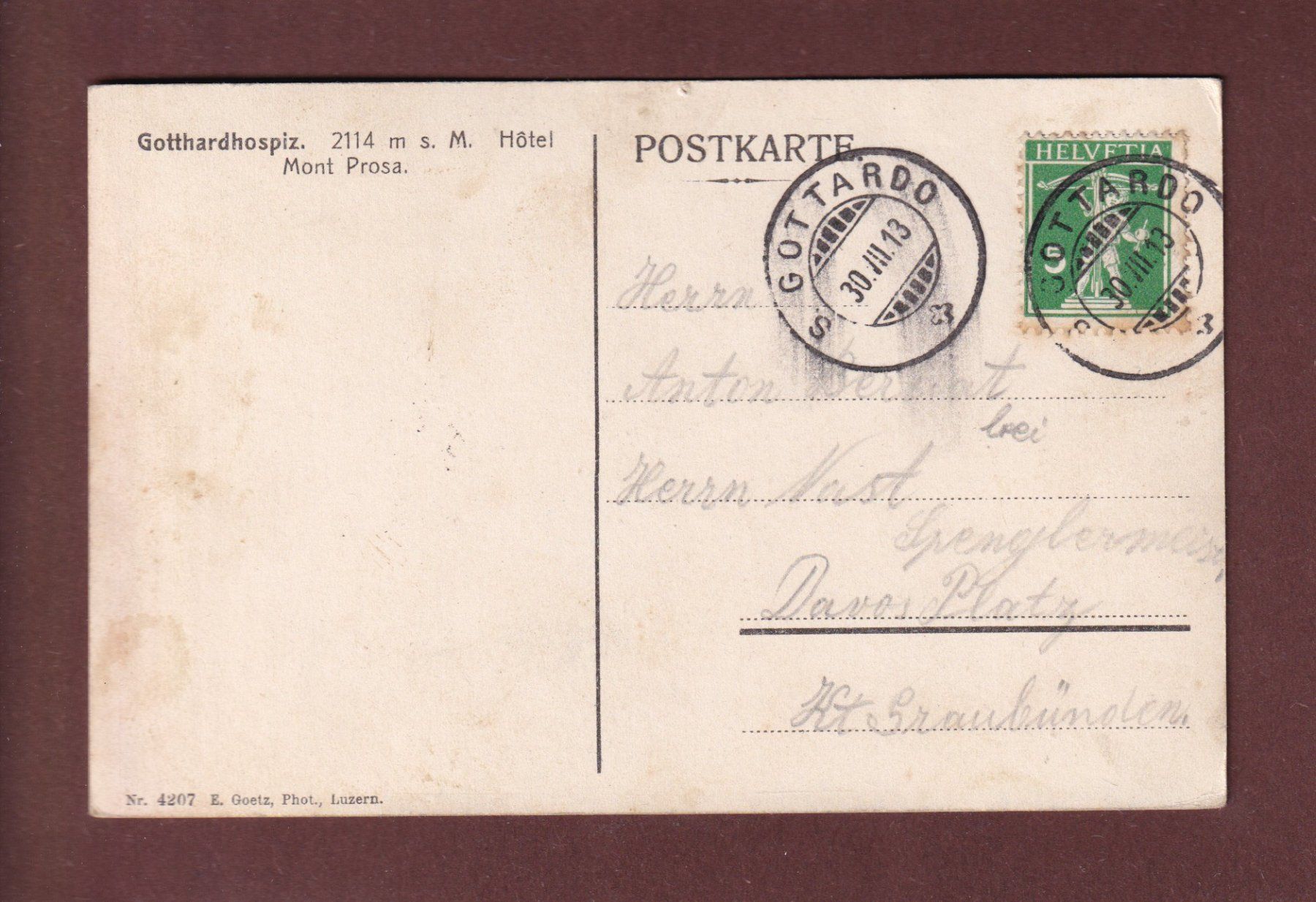 Cartes postales: GOTTHARD-HOSPIZ - Monte Prosa - 1913 – D'occasion à Pully par nicecards-shop 1