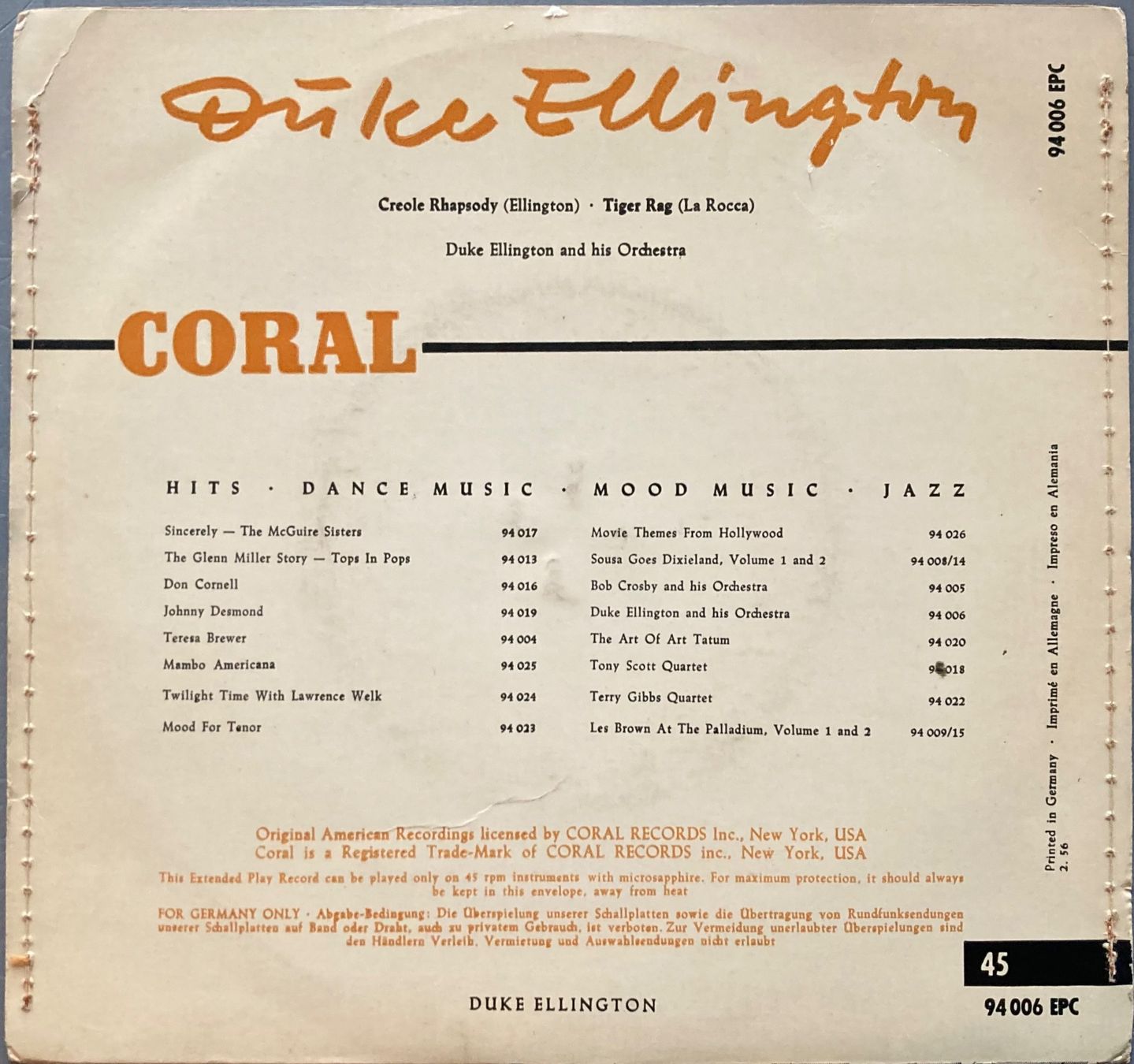 Dischi in vinile: DUKE ELLIGTON - CREOLE RHAPSODY – Usato da Poliez-Pittet venduto da Newtown-Records 1