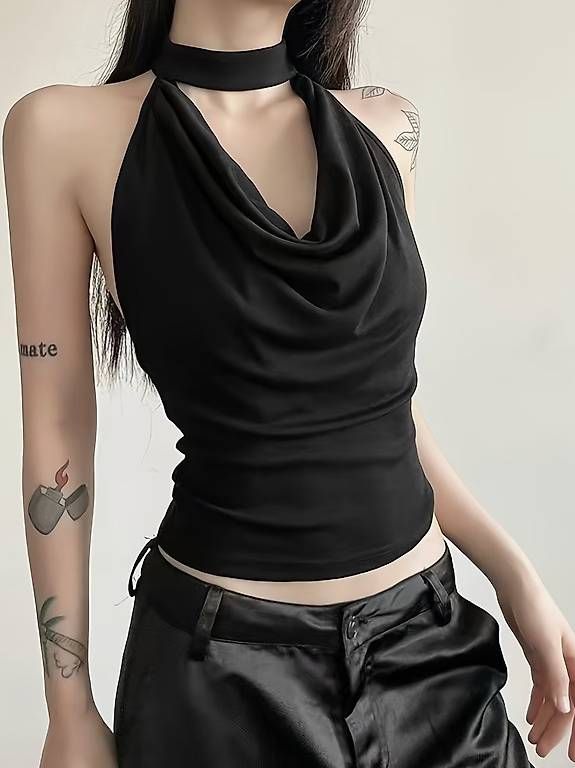Top: Black Halter Neck Cowl Top  Open Back  100% Polyester – Nuovo e nell'imballaggio originale da Lausanne venduto da ais_yxt8