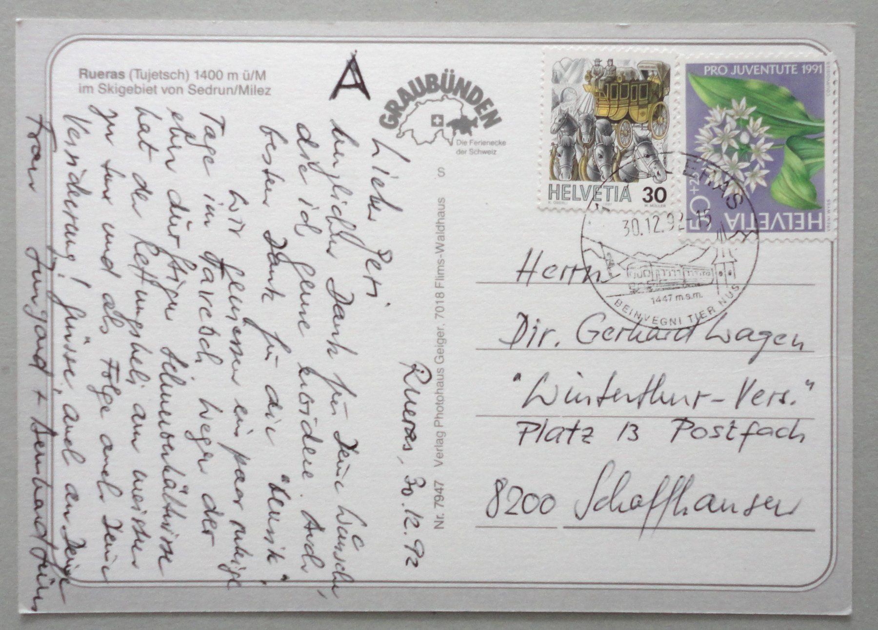 Cartoline postali: Rueras (Tujetsch) 1400 m ü.M. – Usato da Fétigny venduto da Billy2miny 1