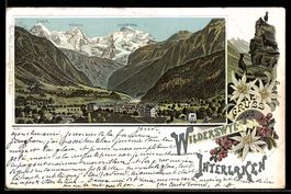 Lithographie Wilderswyl /Interlaken, Totalansicht mit Bergpa
