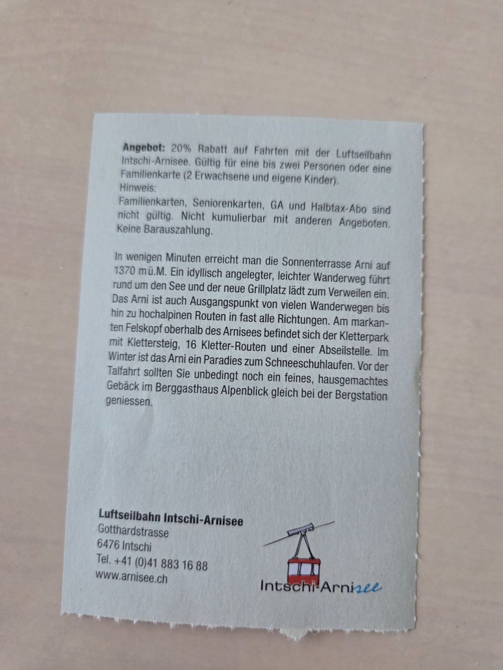 Buoni: Gutschein Luftseilbahn Intschi Arnisee – Usato da Liestal venduto da ITOlio 1