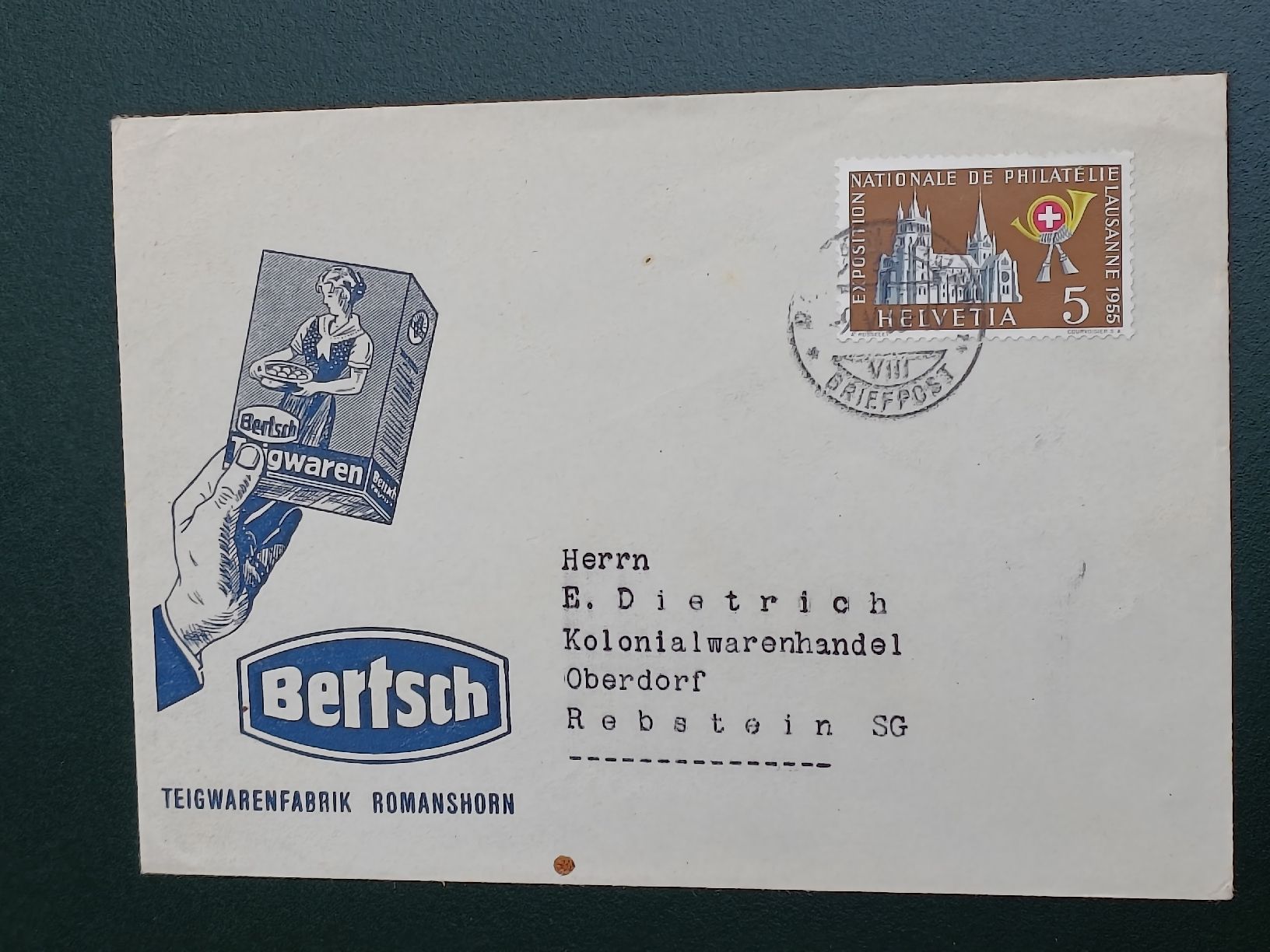 Documenti: Litho Werbe Brief / BERTSCH Teigwaren Fabrik Romanshorn 1955 – Usato da Brugg AG venduto da Ente015