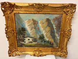 Ölgemälde Berglandschaft mit Haus in Goldrahmen gebraucht