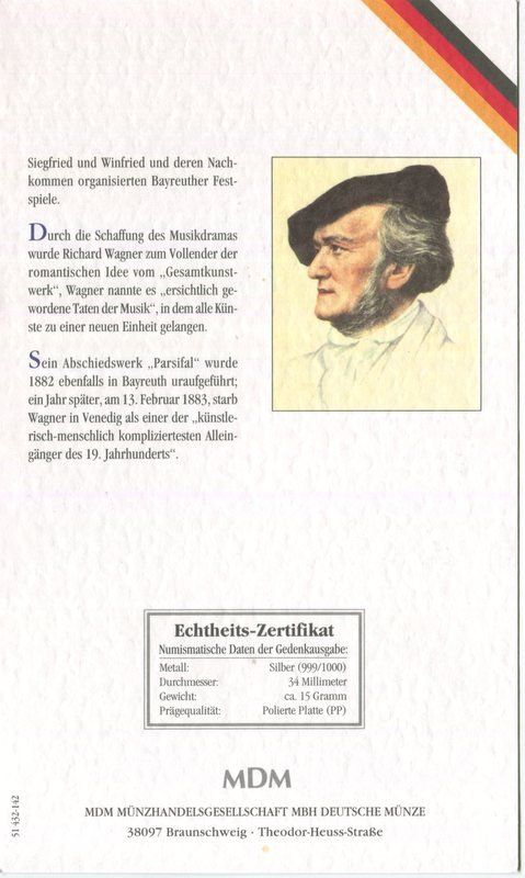 Medaillen: Silbermedaille "Richard Wagner". 999/1000 PP. – Neu und originalverpackt aus Basel von Butsch5 3