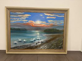 Ölgemälde Sonne Abendrot Schwäne v. L.Marques 1948 140x105cm