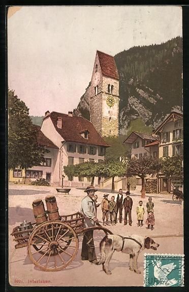 Cartoline postali: Unterseen, Mann mit Hundegespann auf dem – Usato da Berlin venduto da bartko-reher