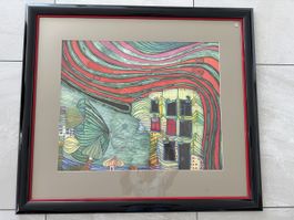 Hundertwasser Bild, schön und teuer gerahmt, gross