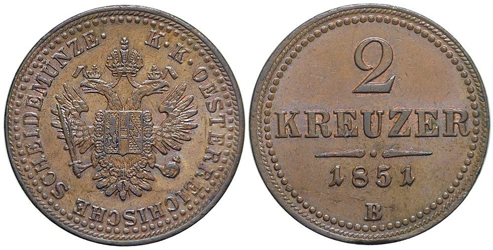 Tutti le monete: 2 Kreuzer 1851 B Kremnitz – Usato da Chiasso venduto da Novamarketing