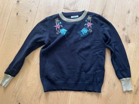 Vintage-Strickpullover mit floraler Stickerei & Gold – Gr. S