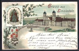 Litho Einsiedeln, Kloster mit Prozession