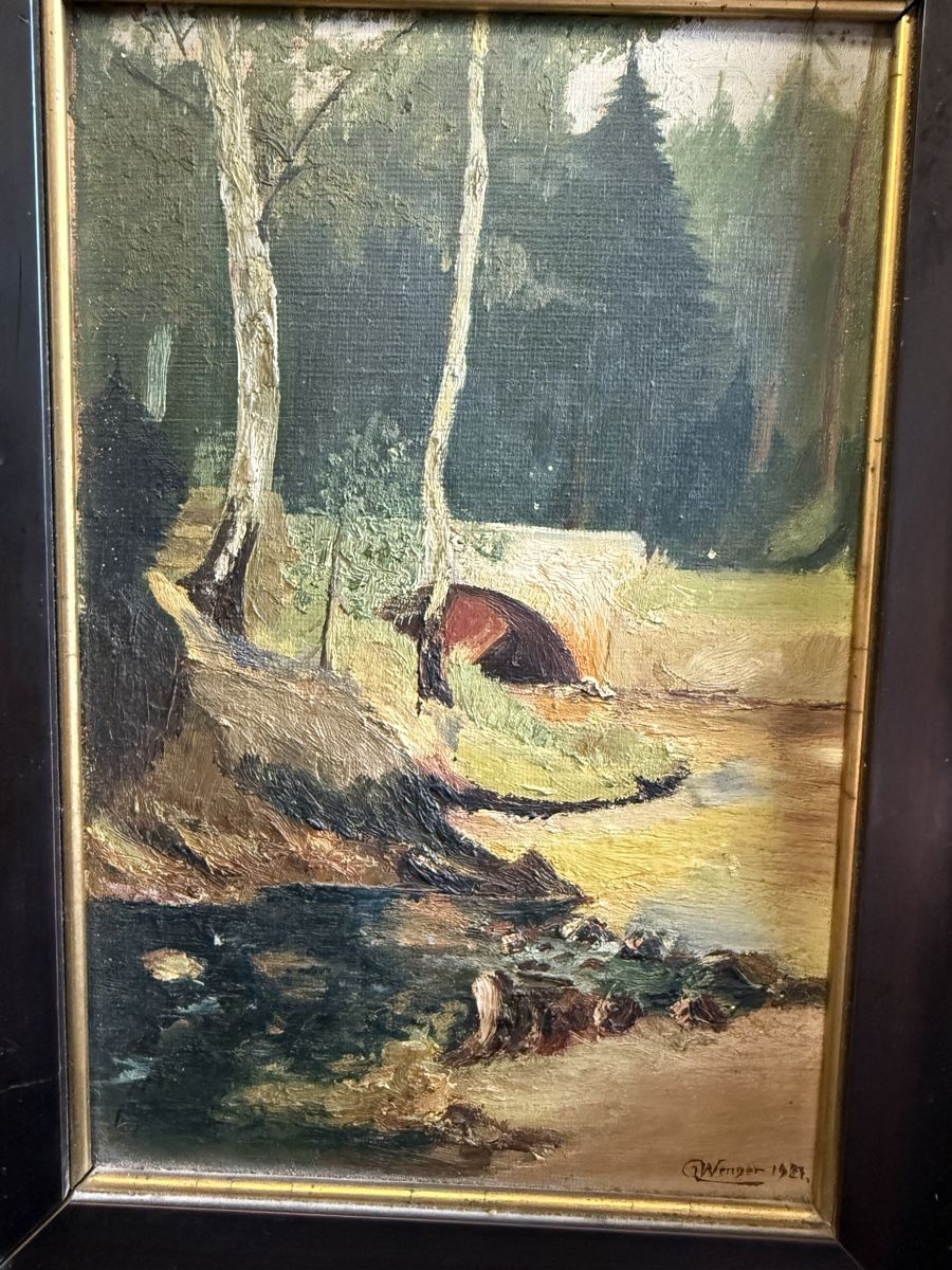 Dipinti: Gemälde "Wenger 1921" Flusslandschaft mit Rahmen, antik – Usato da Strengelbach venduto da RaenAntikDesign 1