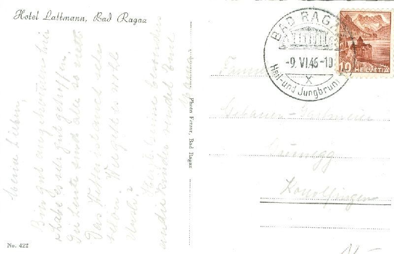 Cartoline postali: Bad Ragaz - Hotel Lattmann + 1946 – Usato da Emmenbrücke venduto da teestube 1
