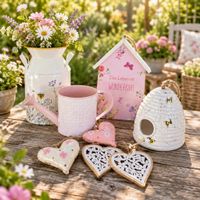 Deko Set Garten Giesskannen-Topf Vogelhaus Herzen Neu