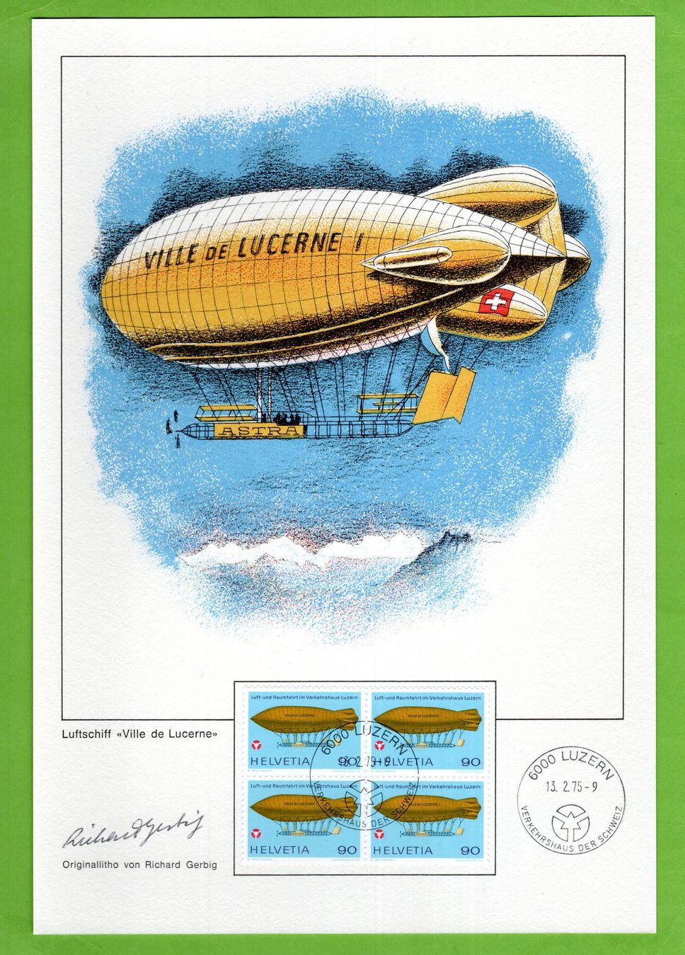 Alle Briefmarken: 1975 Originallitho von Richard Gerbig mit VB Luftfahrt – Gebraucht aus Stein am Rhein von Huehnerhund