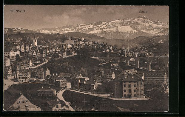 Cartoline postali: AK Herisau, Totalansicht mit Säntis – Usato da Berlin venduto da bartko-reher