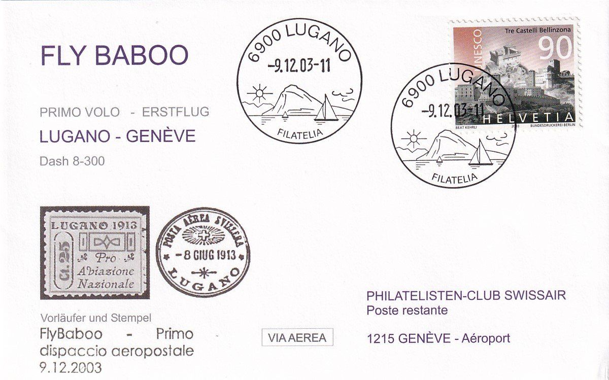 Tous les timbres: Erstflug Fly Baboo Lugano - Genève 2003 – D'occasion à Baar par Asmara111