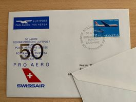 Swissair Pro Aero Couvert 50 Jahre Luftpost 1969