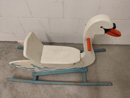 Schaukel-Schwan aus Holz, Kinderspielzeug, Vintage Deko