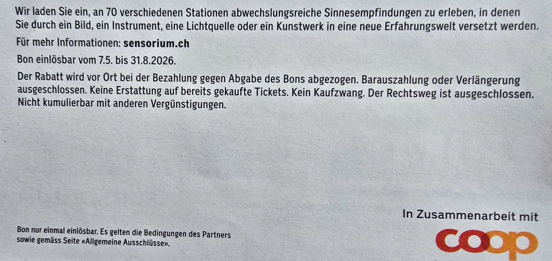 Buoni: Bon 2FÜR1 SENSORIUM, WALKRINGEN   bis 31.8.2026 – Nuovo (secondo la descrizione) da Eschen venduto da Hab3 1