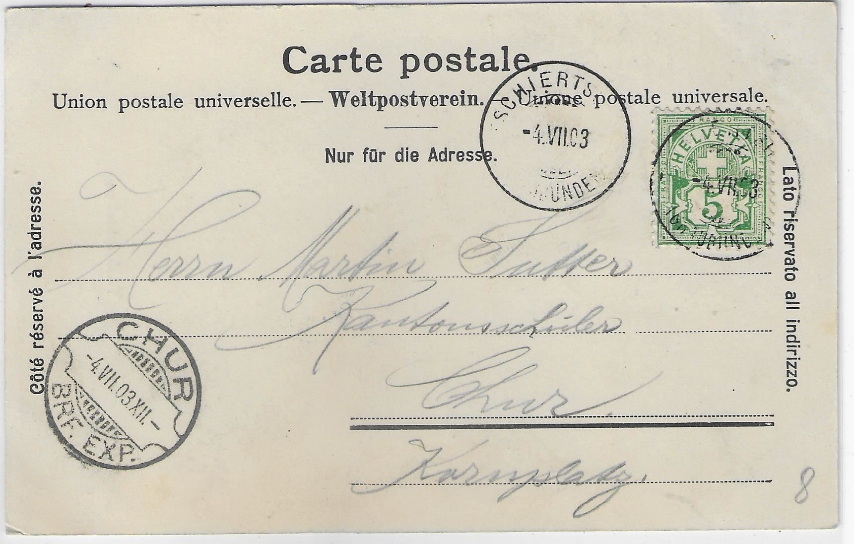 Cartoline postali: Tschiertschen - Dorfpartie mit Kirche – Antico da Ettingen venduto da Kartenplanet 1