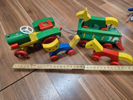 Holzspielzeug Traktor mit Anhänger und Pferden, Top! B16