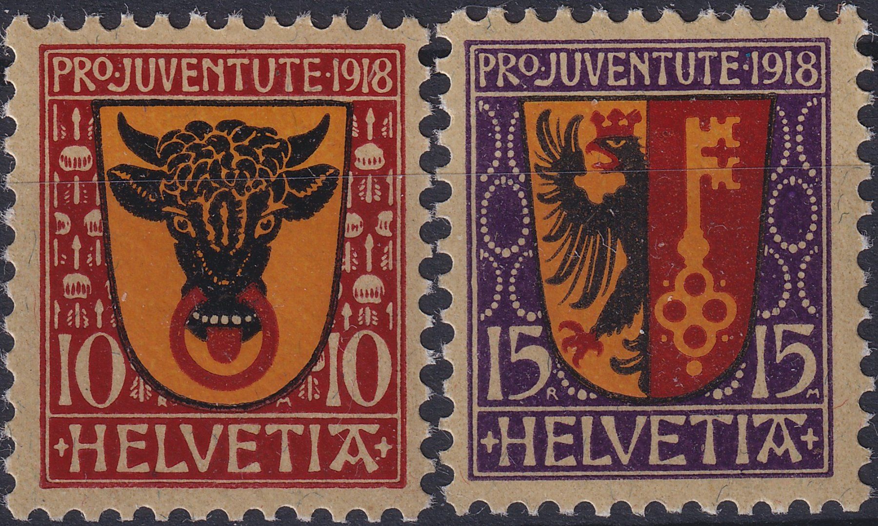 Tutti i francobolli: 1918 , Pro Juventute J10+J11, postfrisch **, Kat: 80.- – Usato da Sursee venduto da Luzernerraute