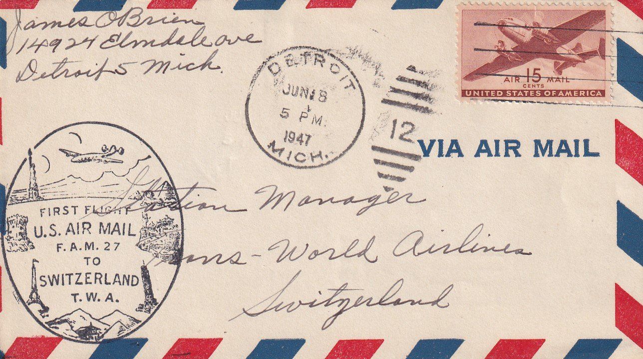Alle Briefmarken: Erstflug TWA Detroit - Genf 1947 – Gebraucht aus Baar von Asmara111