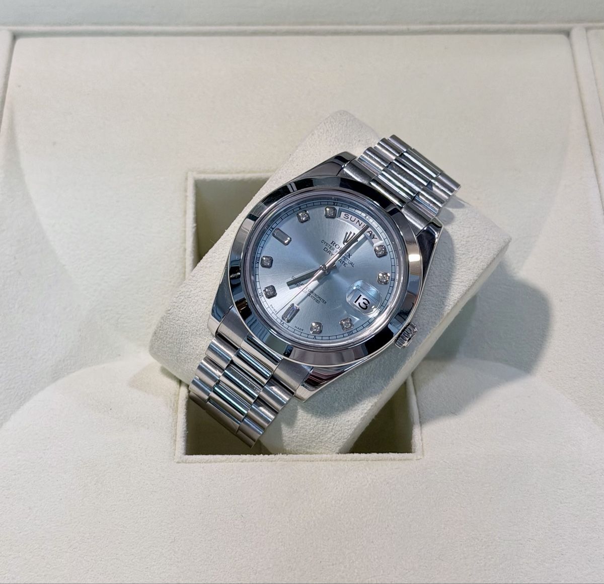 Rolex Orologi: Rolex Daydate 41 Platin Baguette-Diamonds – Usato da Zürich venduto da WATCHROOM 2
