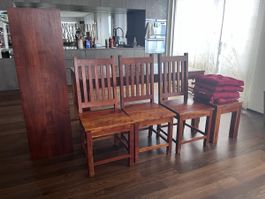 Quadrato Tisch mit 3 Stühlen, 1 Hocker, 1 Bank, Massivholz