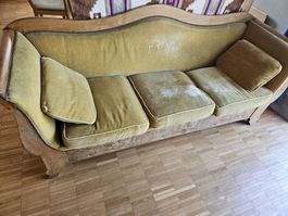 Canapé ancien velours jaune 3 places état moyen