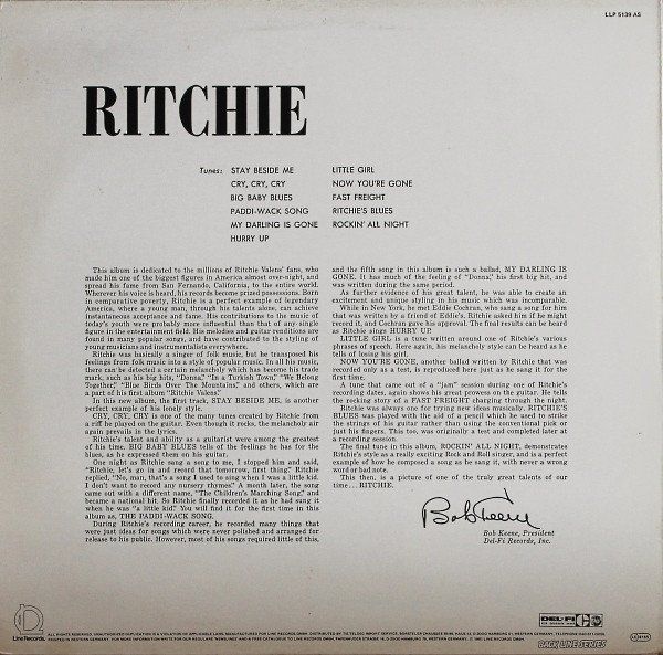Dischi in vinile: LP- RITCHIE VALENS Ritchie (Black Line Series, Germany 1981) – Usato da Morges venduto da evnocha3 1