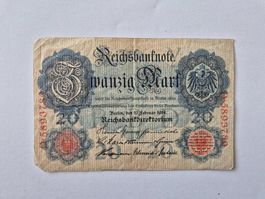 Reichsbanknote über Zwanzig Mark vom 19. Februar 1914.