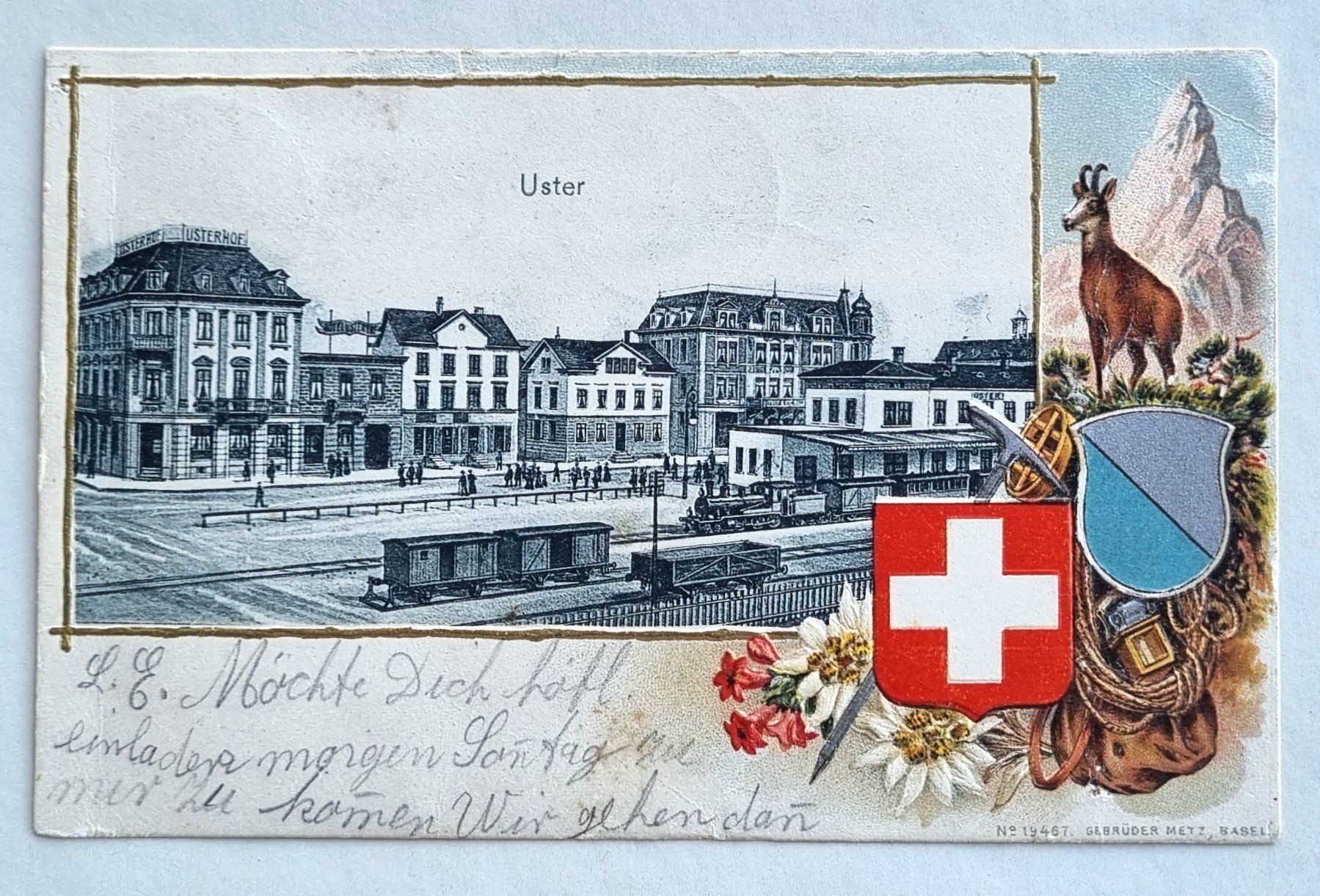 Cartoline postali: Uster - Bahnhof - Damfzug - Usterhof - Matterhorn - 1907 – Usato da Rothrist venduto da RROENK