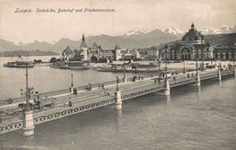 Alte Seebrücke Luzern, Pferdefuhrwerk, Tram, 3 Dampfschiffe