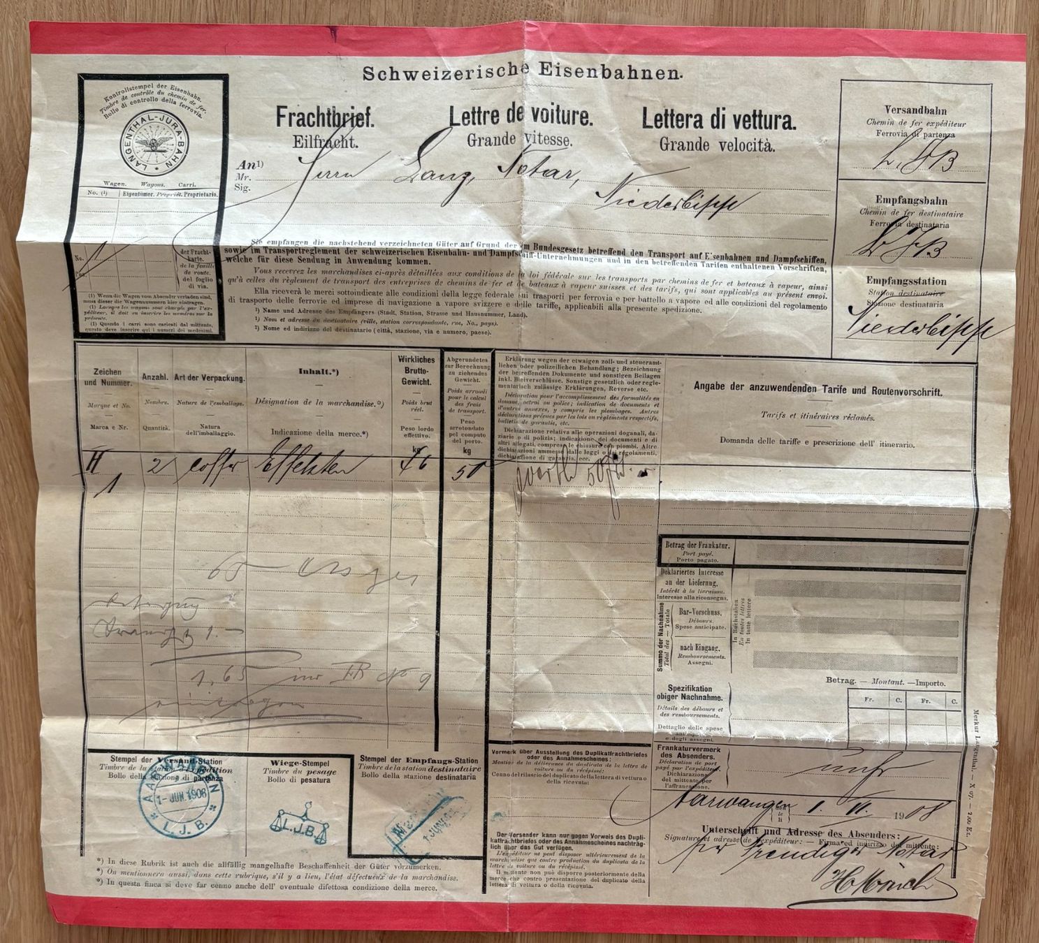 SBB/CFF/FFS Documenti: HISTORISCHER FRACHTBRIEF EILFRACHT 1908 SCHWEIZER EISENBAHN – Usato da Ostermundigen venduto da wini63