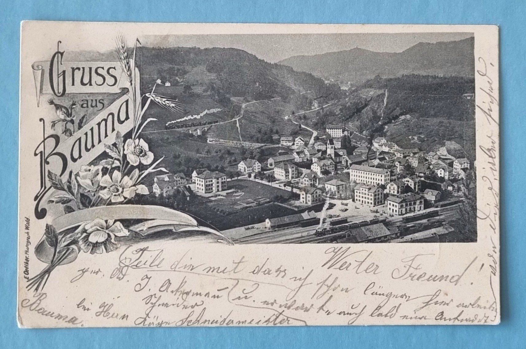 Cartoline postali: Bauma - Dorfansicht - Bahnhof mit Eisenbahn - 1902 – Usato da Rothrist venduto da RROENK