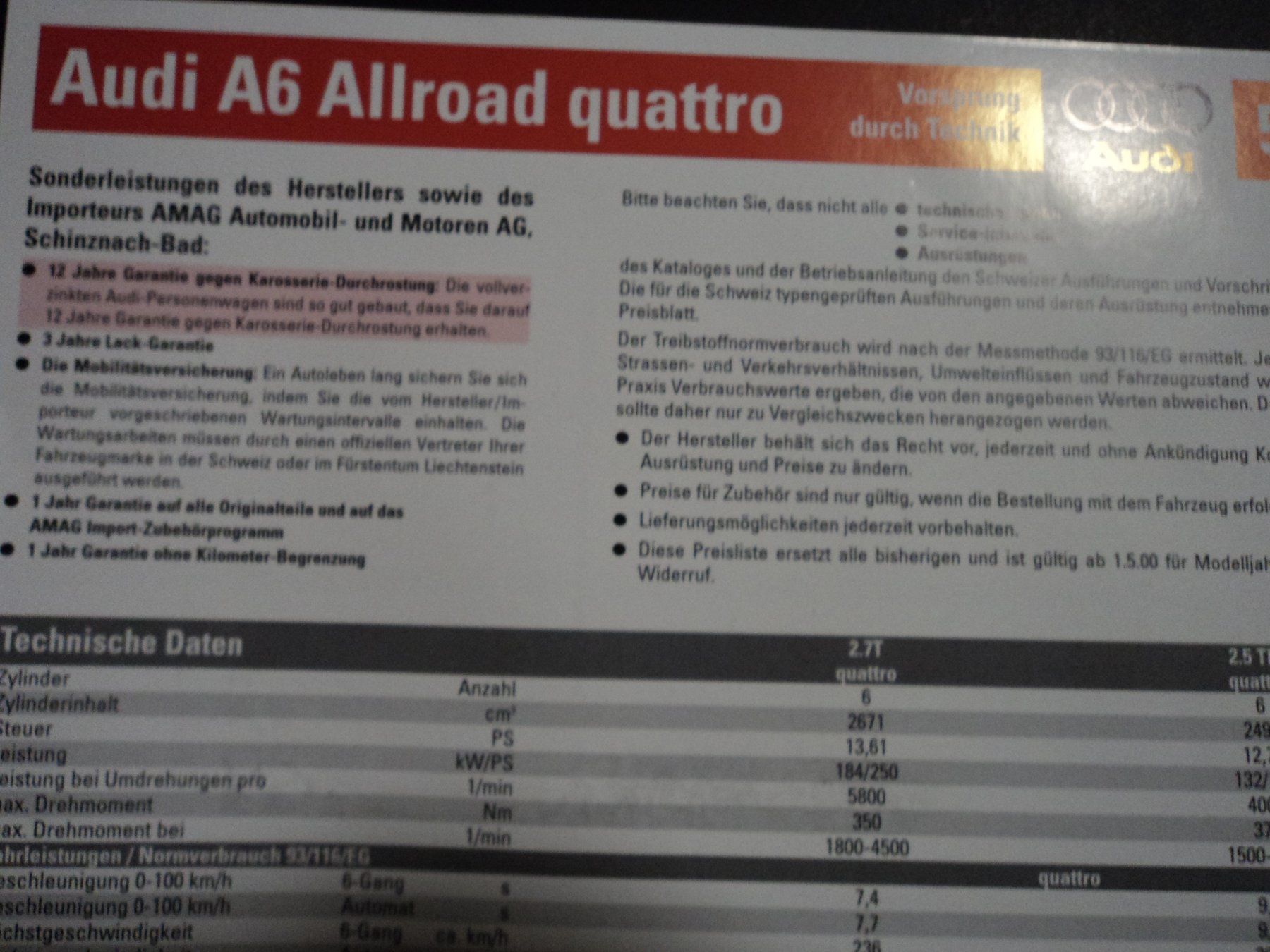 Audi Documenti: Prospekt Preisliste Audi A6 allroad quattro 2000 – Usato da Schwarzenburg venduto da modelCARama 1