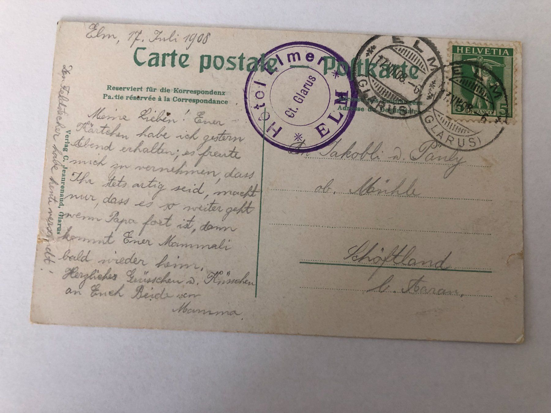 Ansichtskarten: Ansichtskarte Elm mit dem Hausstock 1908 – Gebraucht aus Pfäffikon ZH von Waltoversand 1