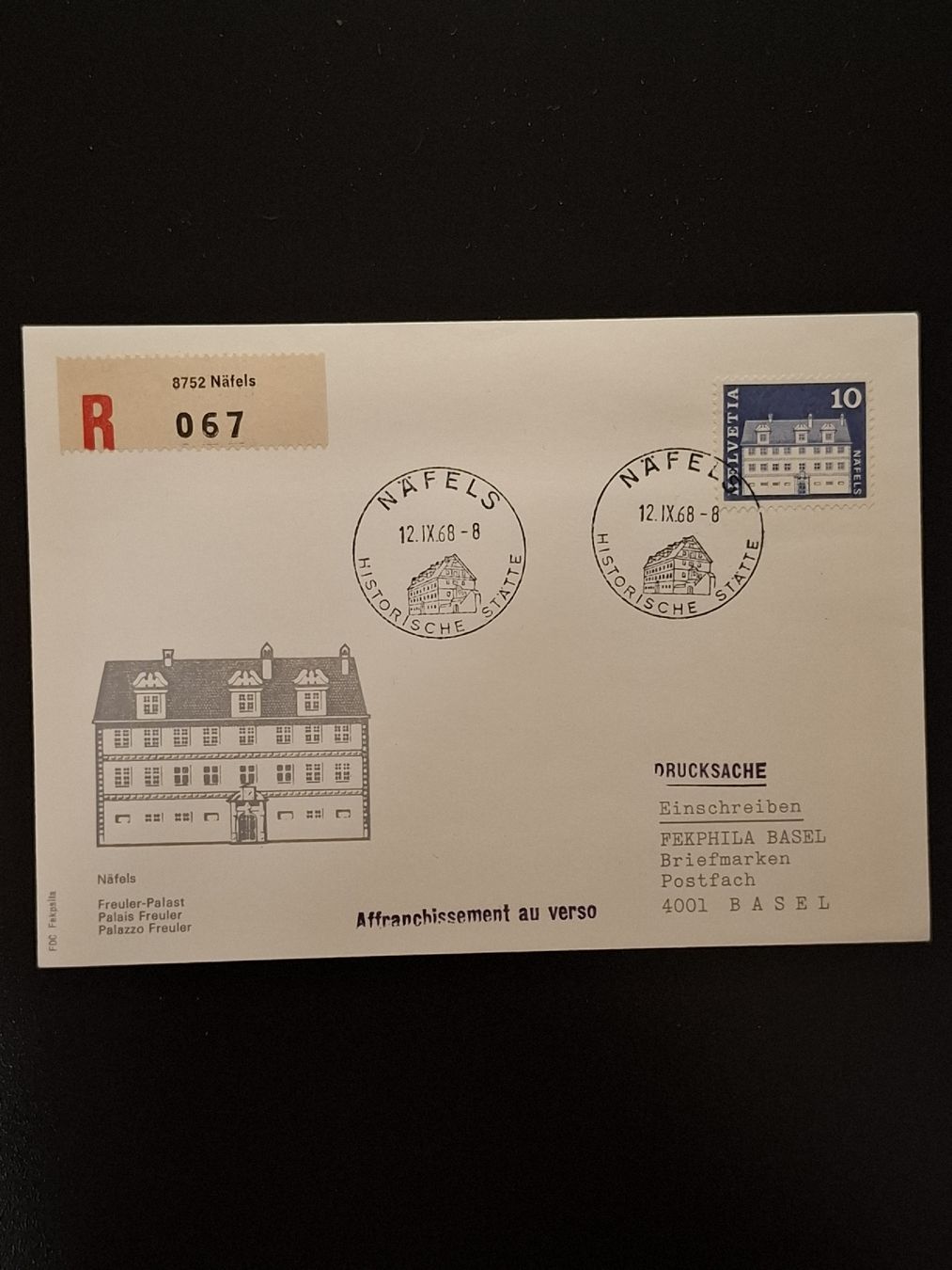 Tutti i francobolli: R-Brief NÄFELS 12.9.68 Drucksache  – Usato da Basel venduto da Swiss_phil_Auktion