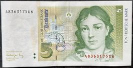 Seltene 5 Deutsche Mark Banknote, A8363175U6, Top Zustand!