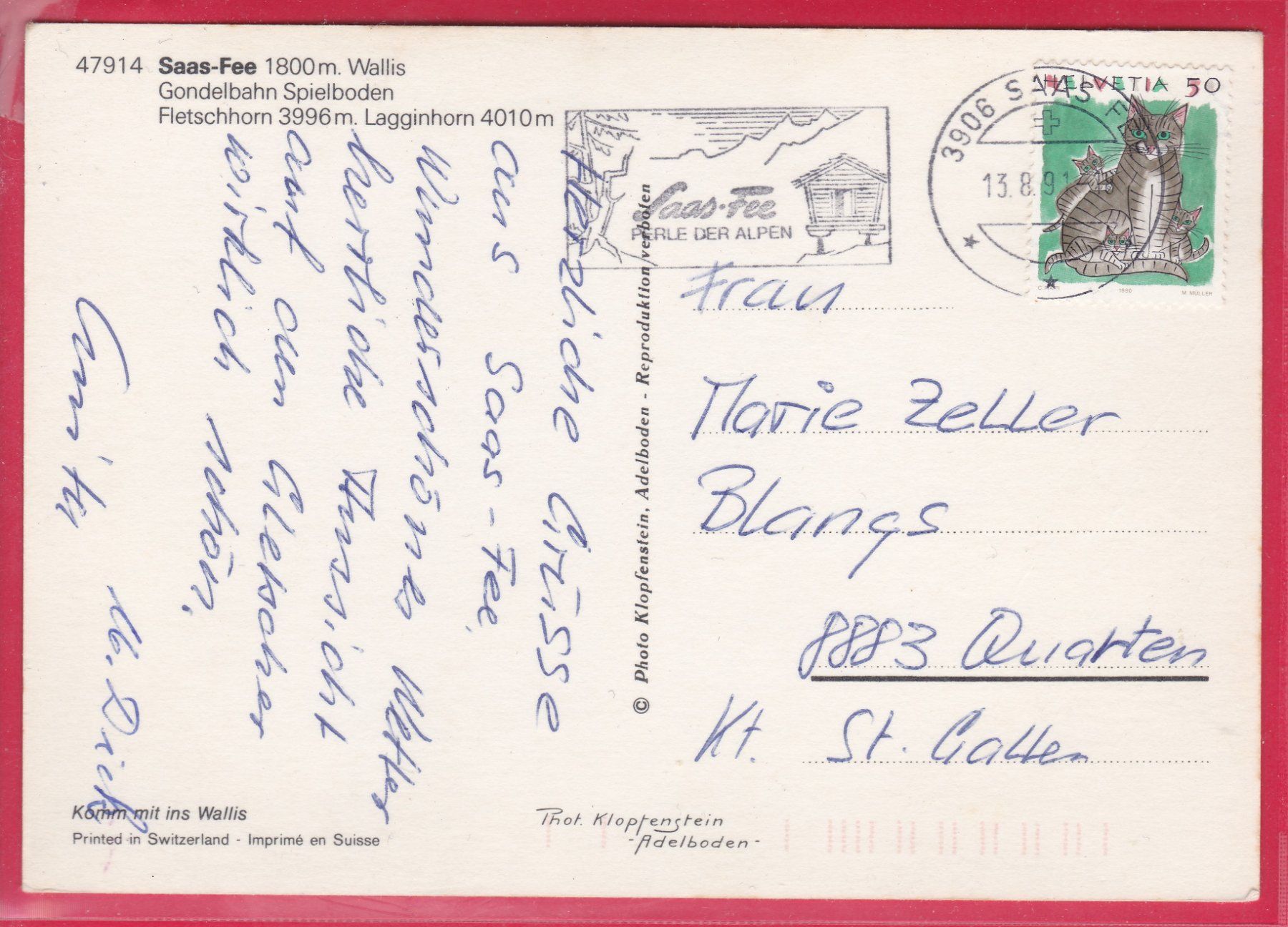 Ansichtskarten: SAAS-FEE, GONDELBAHN SPIELBODEN, 13.8.1991 – Gebraucht aus Oberrieden von Gebirgsstelze 1