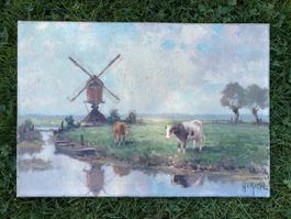 Gemälde Windmühle Kühe Landschaft Öl auf Leinwand H.V.Gessel