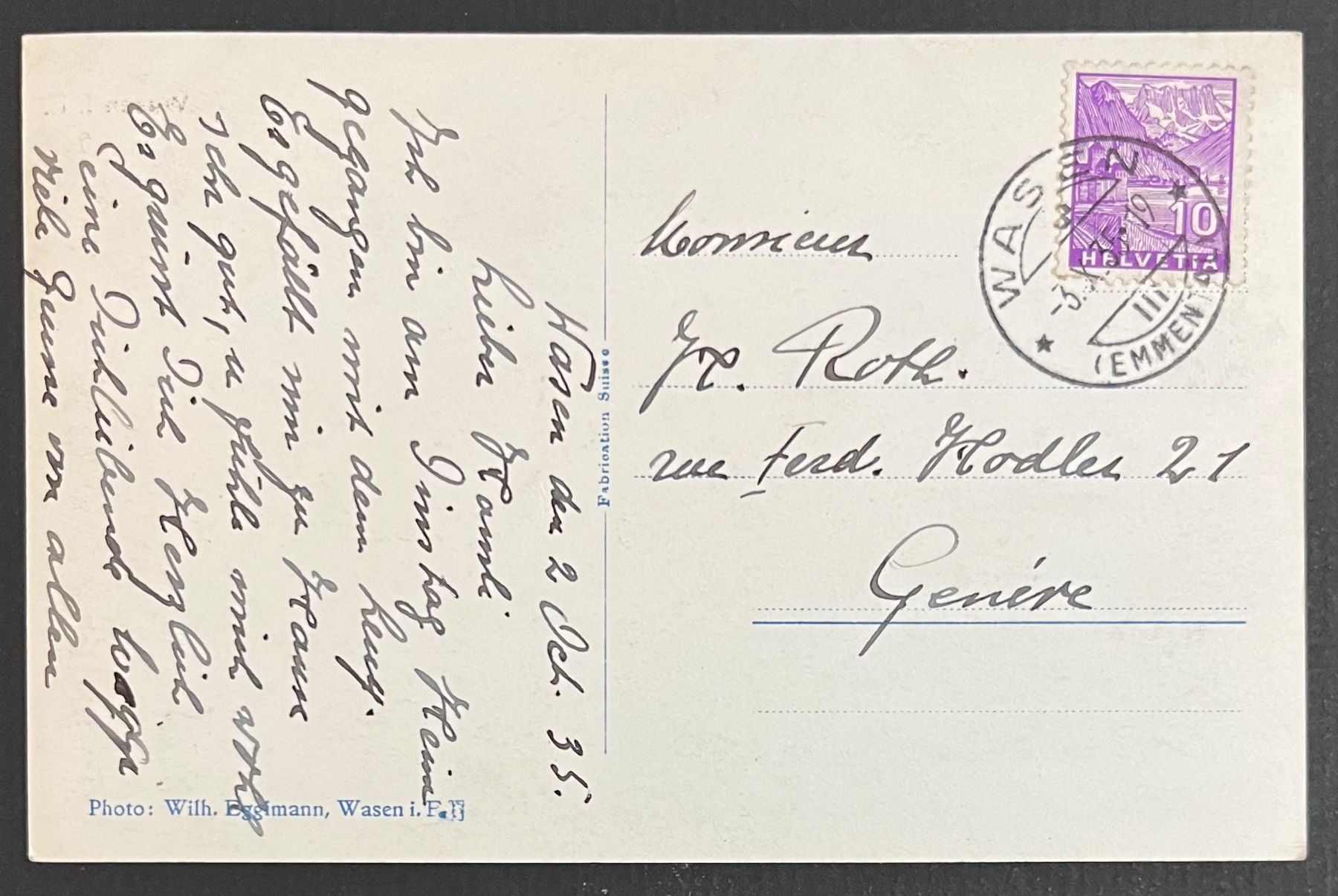 Cartoline postali: Echt-Foto AK: WASEN i. E. , BE  1935 – Usato da Bern venduto da felberunderground 1