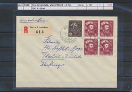 1949 Pro Juventute, Viererblock - 5 Rp., FDC, R - Brief
