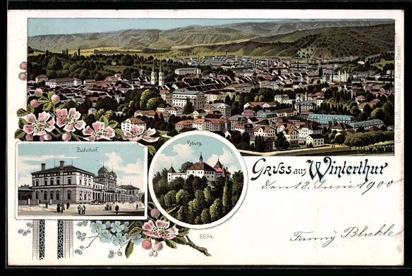 Cartoline postali: Litho Winterthur, Panorama, Bahnhof, Kyb – Usato da Berlin venduto da bartko-reher