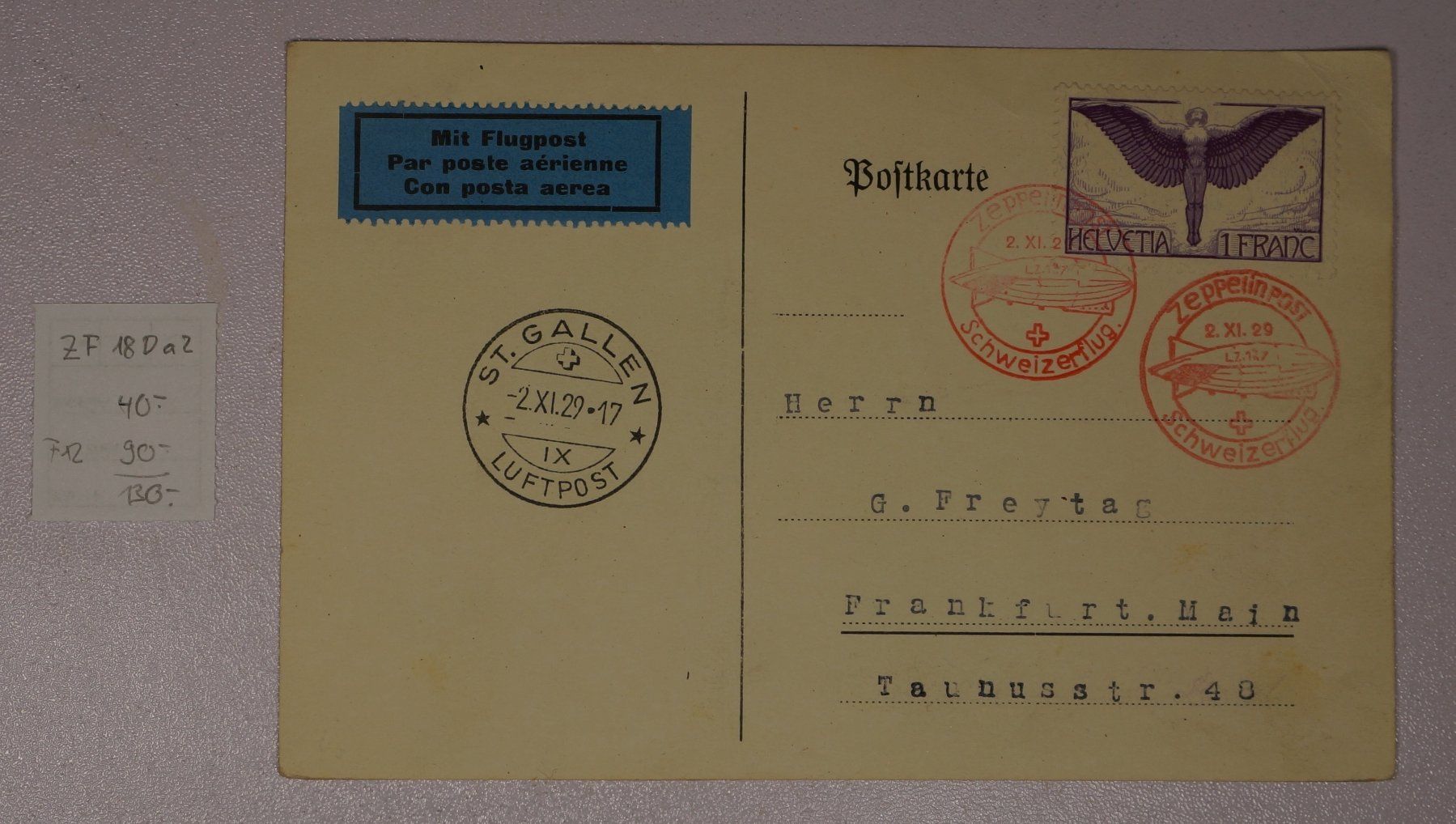 Tutti i francobolli: CH - Flugpost - Zeppelinflug - ZF18Da2 – Usato da Rombach venduto da VENTIS-Auktionen