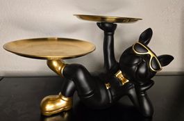 Cooles Hunde Etagere schwarz gold Bulldogge Deko Figur Telle