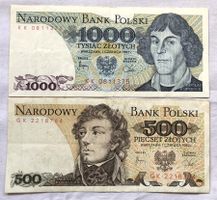 2x Polnische Banknoten 1000 + 500 Zloty