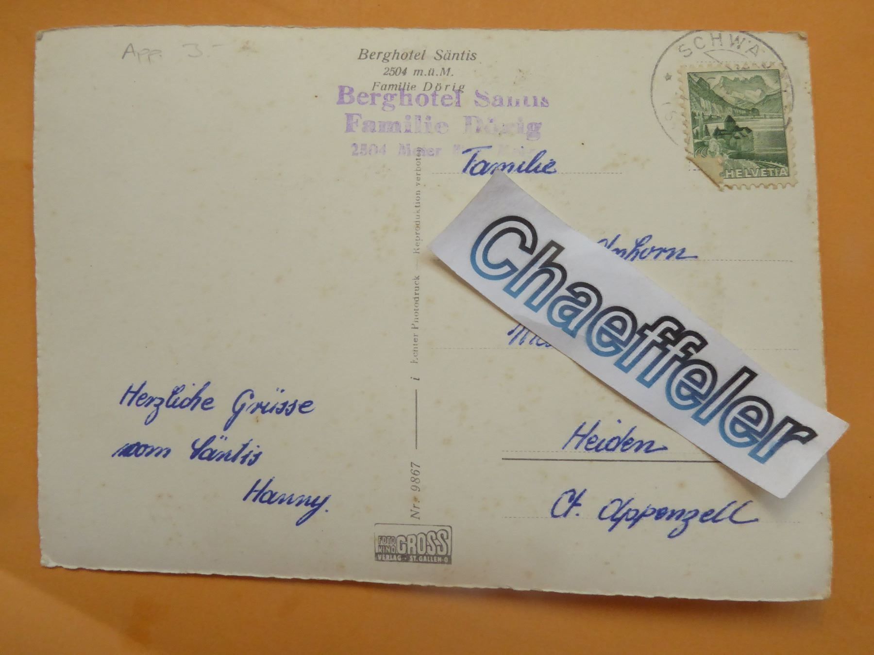 Cartoline postali: 9867 Säntis 2504 M. ü. M. – Usato da Zürich venduto da Chaeffeler 1